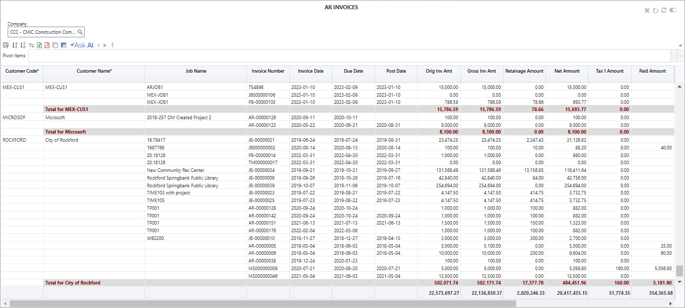Screenshot of AR Invoices BI Query.