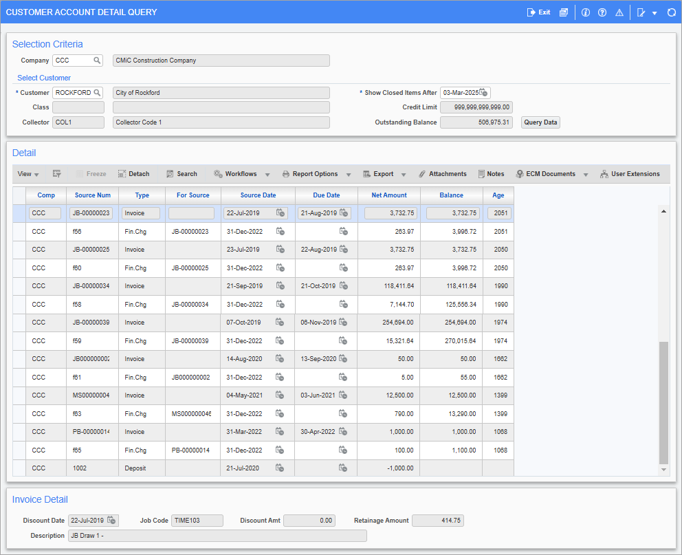 Screenshot of Customer Account Detail Query screen.