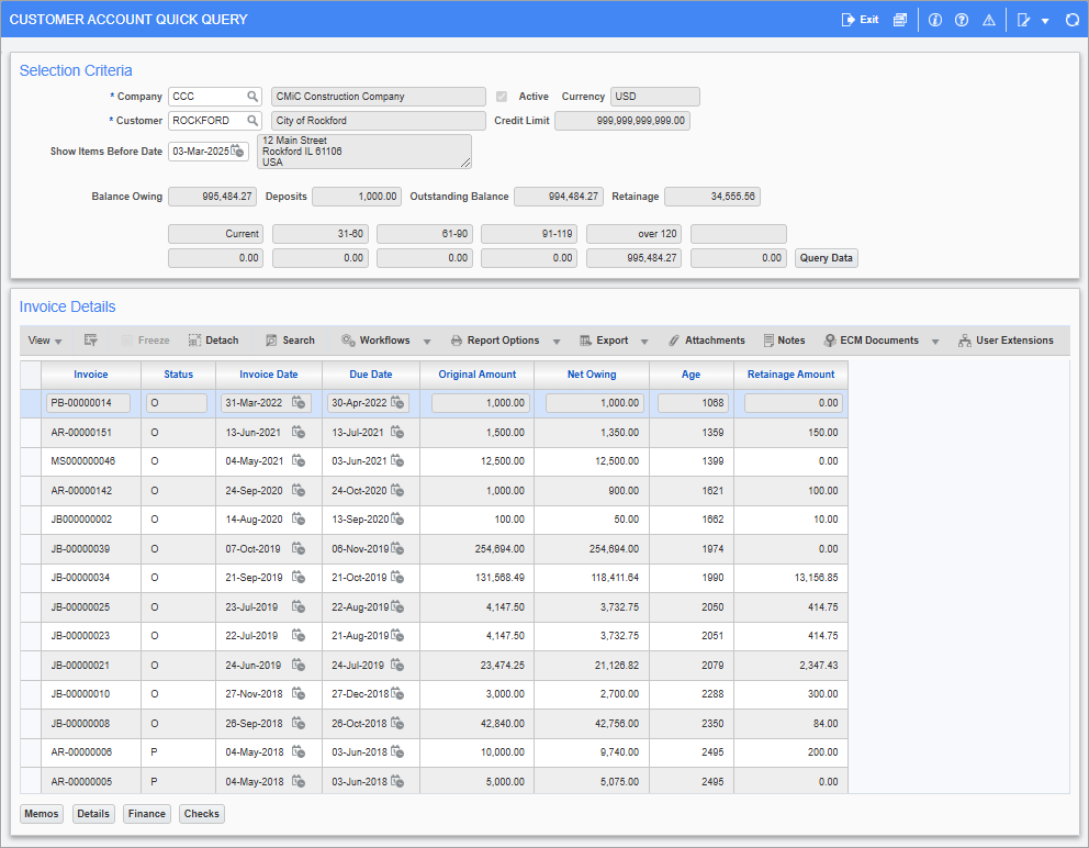 Screenshot of Customer Account Quick Query screen.