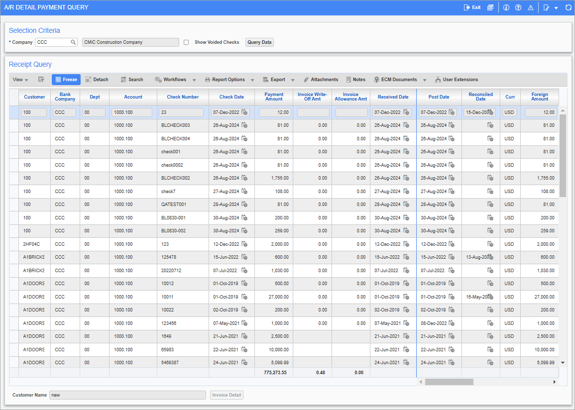 Screenshot of Detail Payment Query screen.