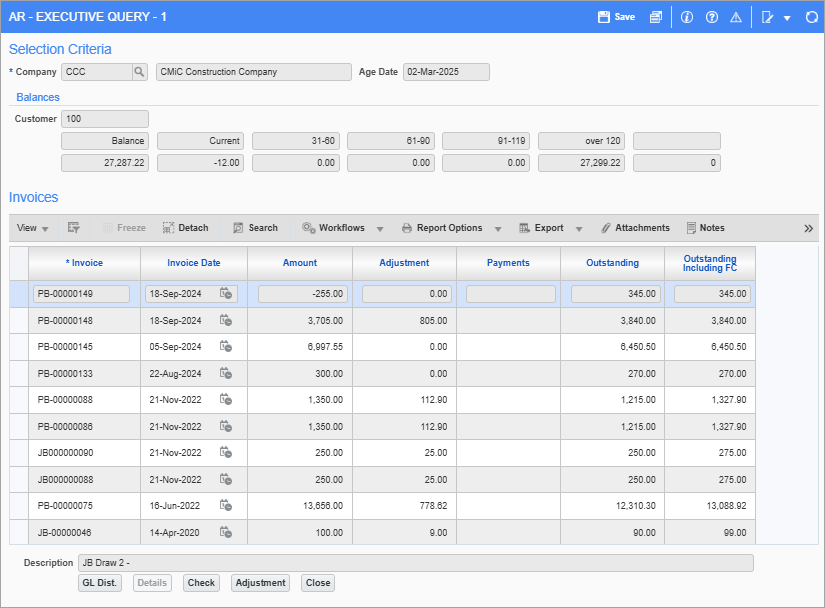 Screenshot of pop-up screen launched from [Invoices] button.
