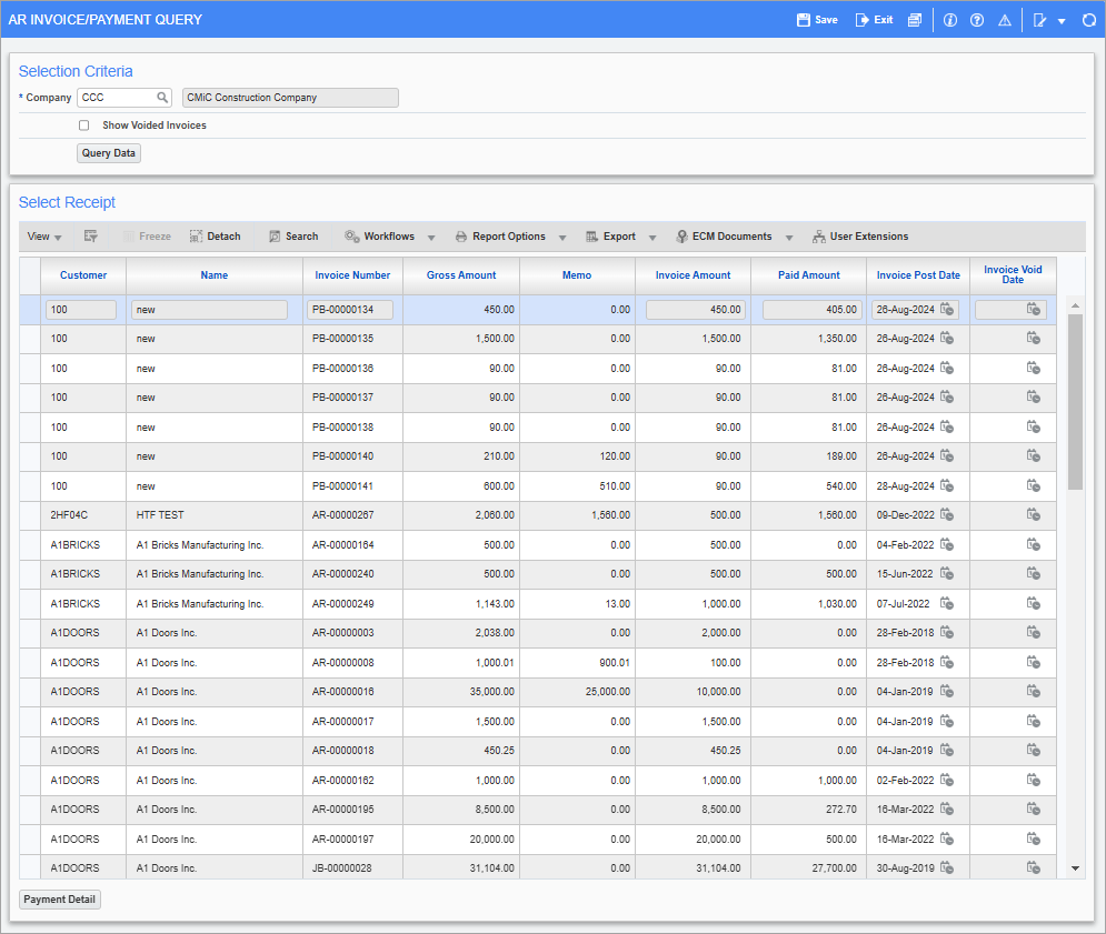 Screenshot of Invoice/Payment Query screen.