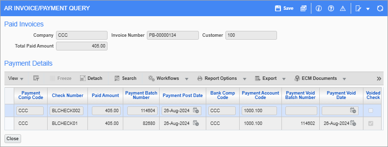 Screenshot of pop-up window launched from [Payment Detail] button on AR Invoice/Payment Query screen.