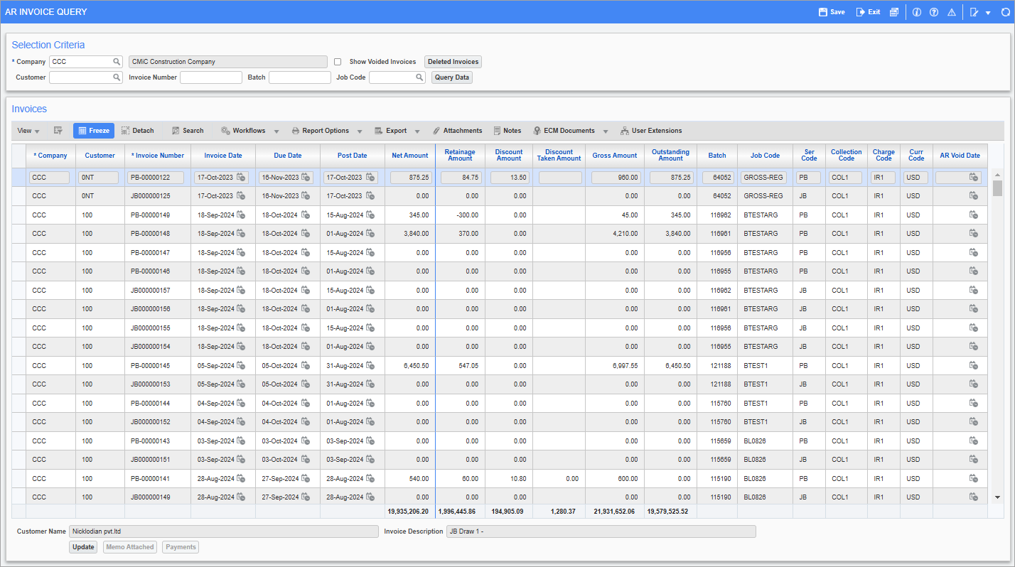 Screenshot of Invoice Query screen.