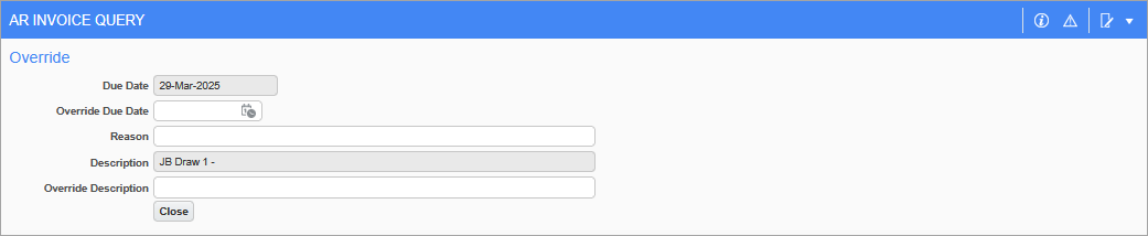 Screenshot of pop-up window launched from [Update] button on AR Invoice Query screen.