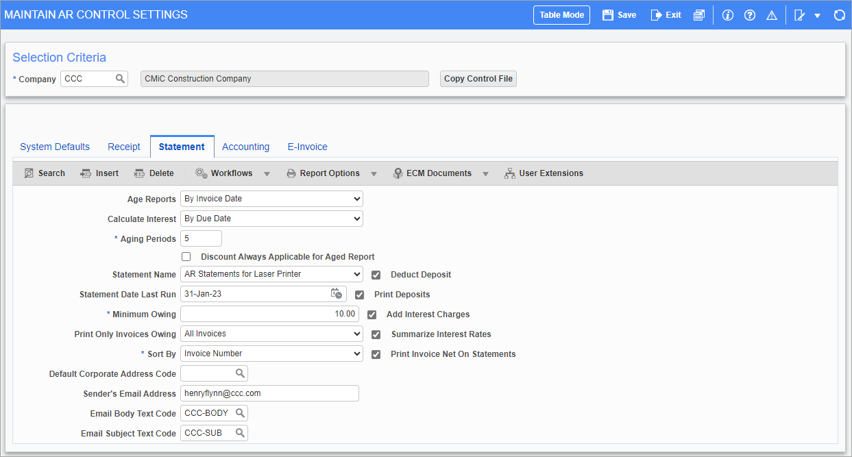 Screenshot of Statement tab