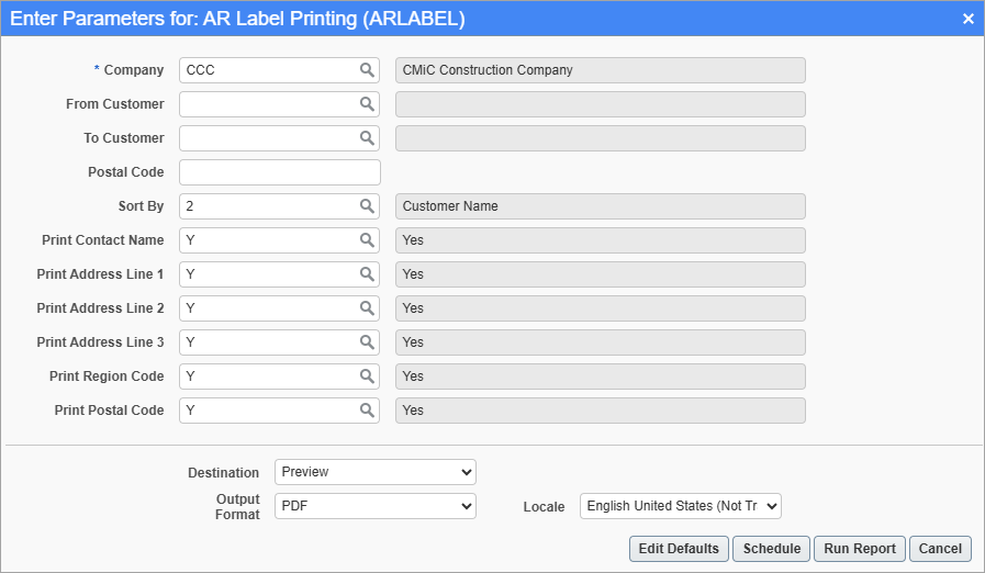 Screenshot of AR Label Printing parameter screen.