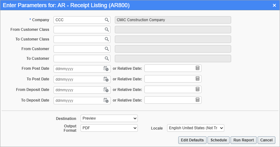 Screenshot of AR - Receipt Listing parameter screen.