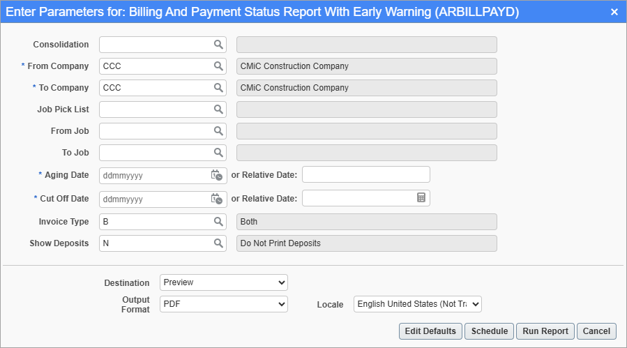 Screenshot of Billing and Payment Status Report with Early Warning parameter screen.
