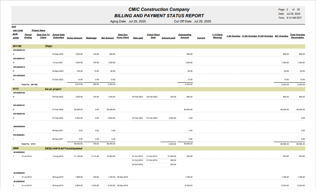 Sample Billing and Payment Status Report with Early Warning (ARBILLPAYD)