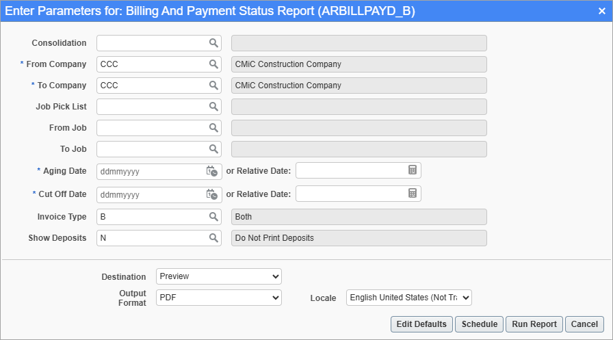 Screenshot of Billing and Payment Status Report paramter screen.