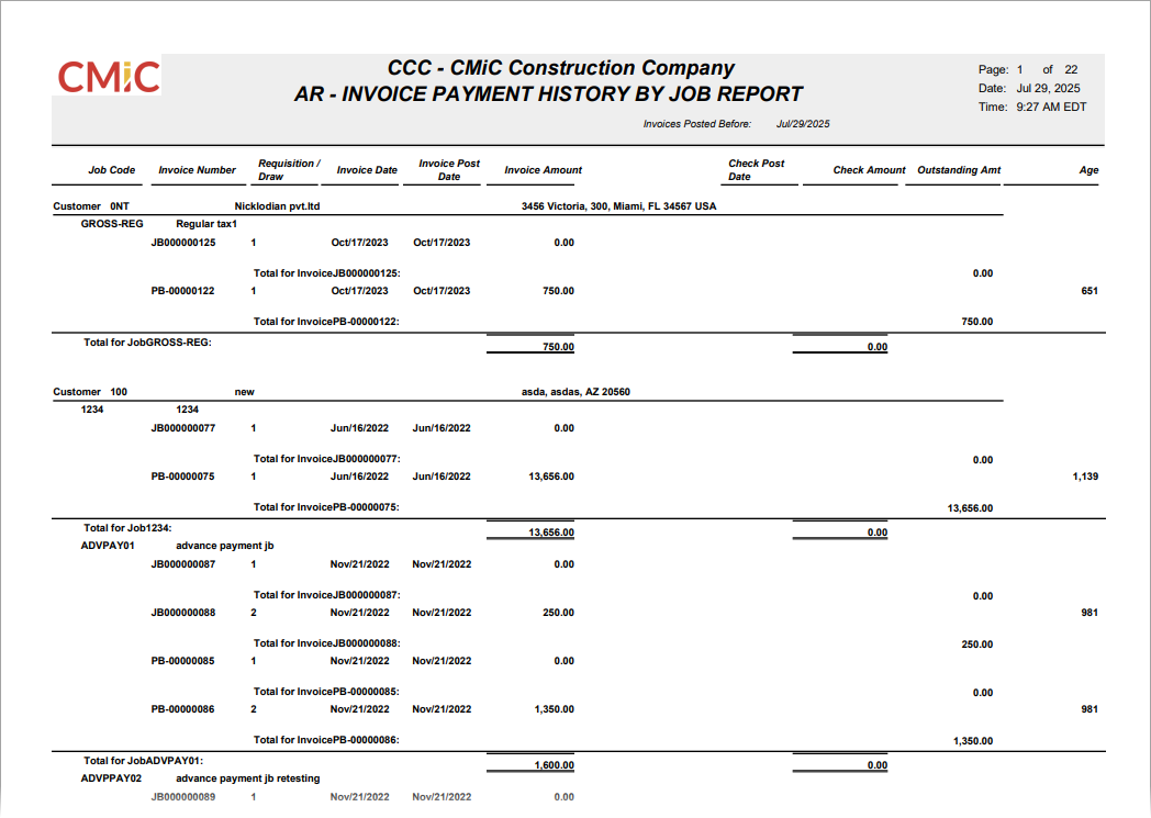 Sample Invoice Payment History by Job (ARINVPAYBYJOB).