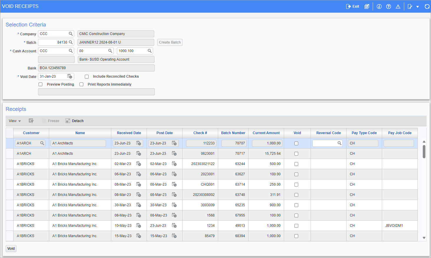 Screenshot of Void Receipts