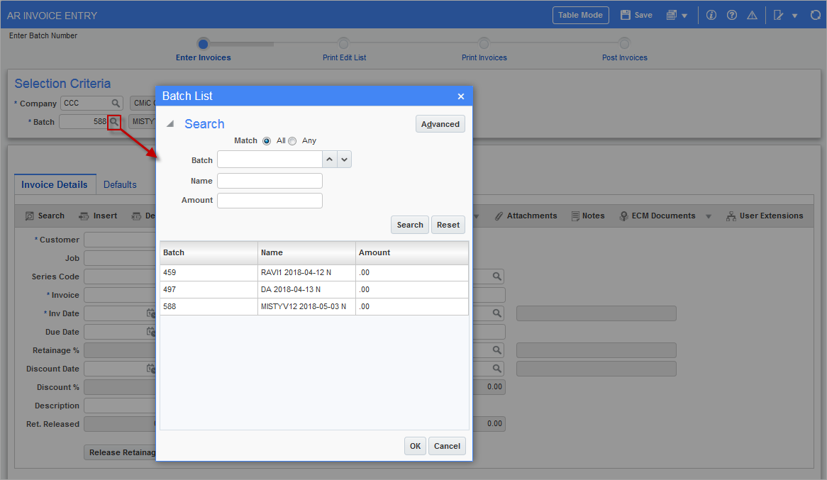 Accounts Receivable - Selecting an Existing Batch