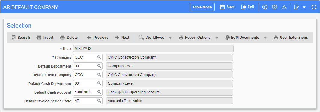 Accounts Receivable - Set User Defaults (Default Company)