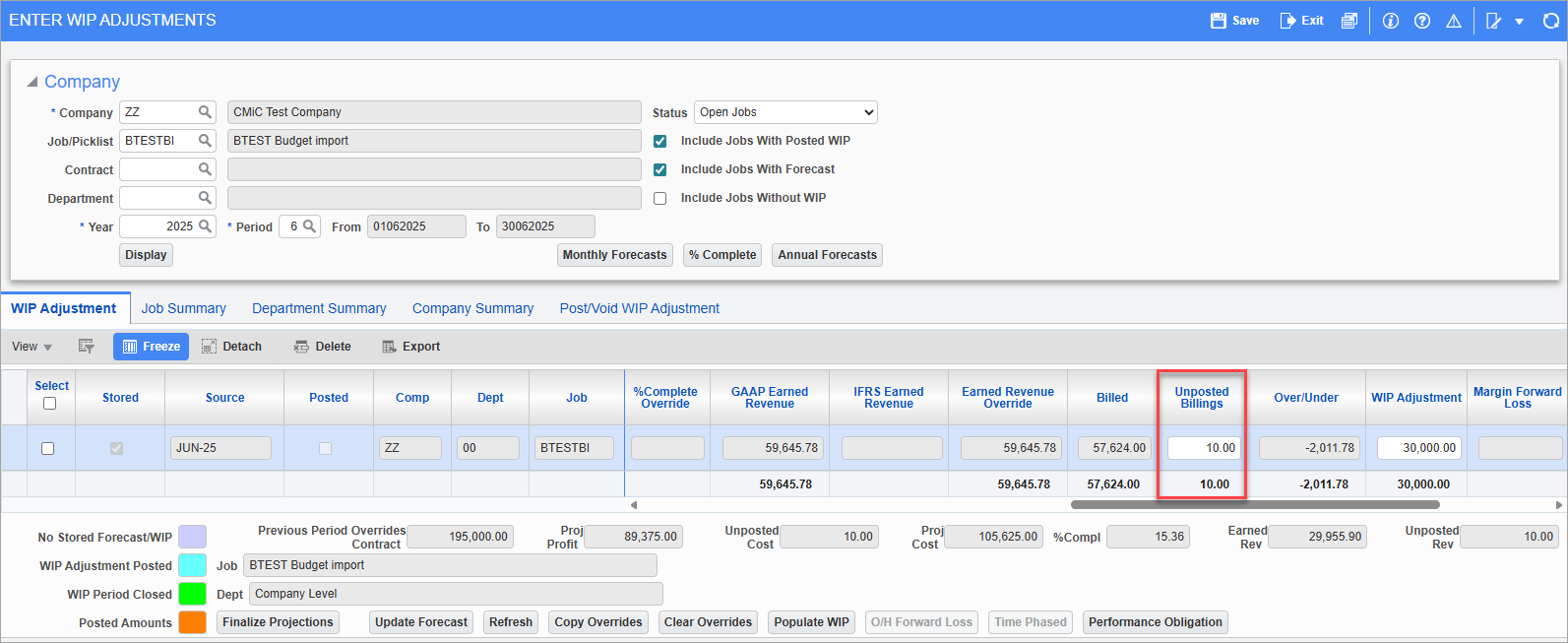 Screenshot of Enter Wip Adjustments with field highlighted.