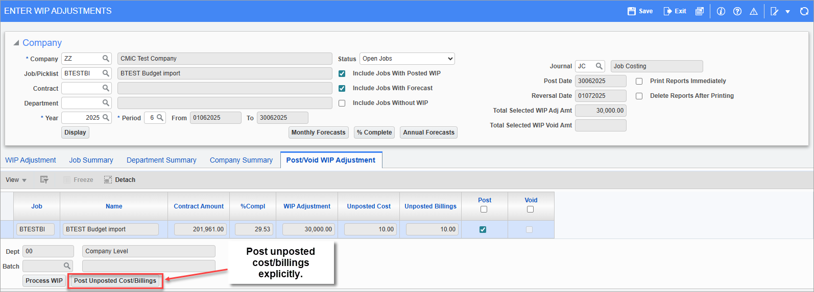 Screenshot of Enter Wip Adjustments with field highlighted.