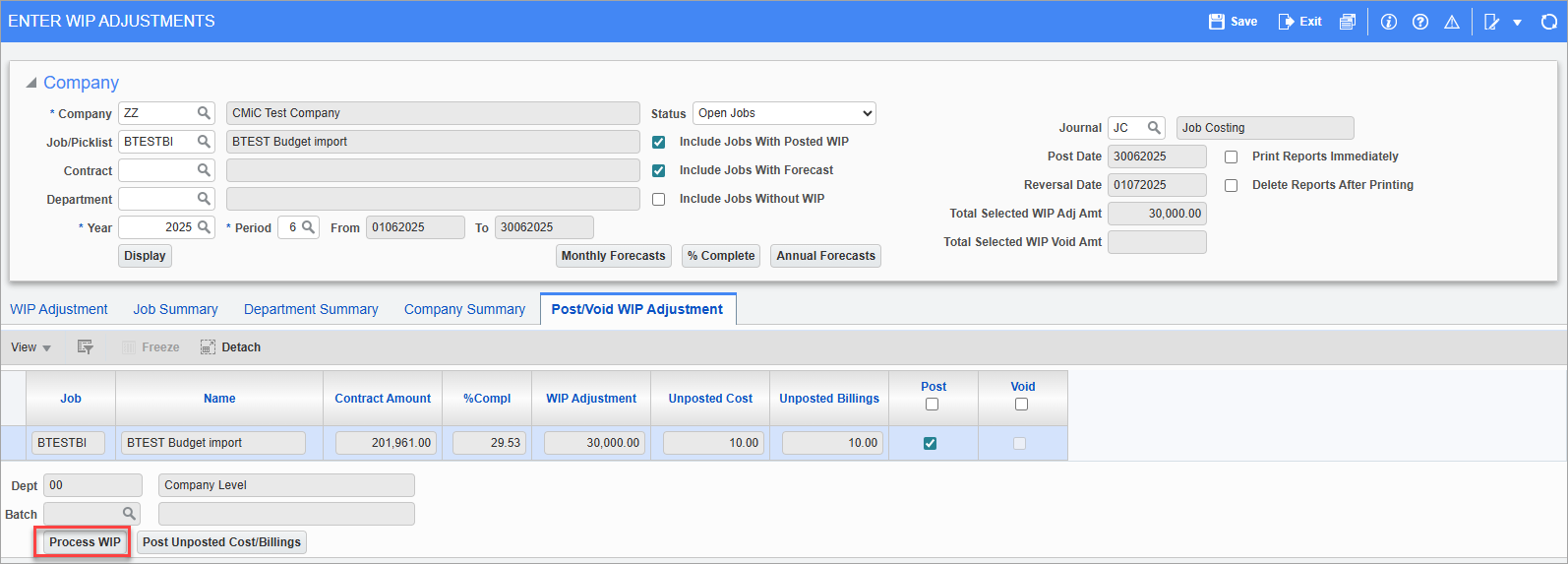 Screenshot of Enter Wip Adjustments with field highlighted.