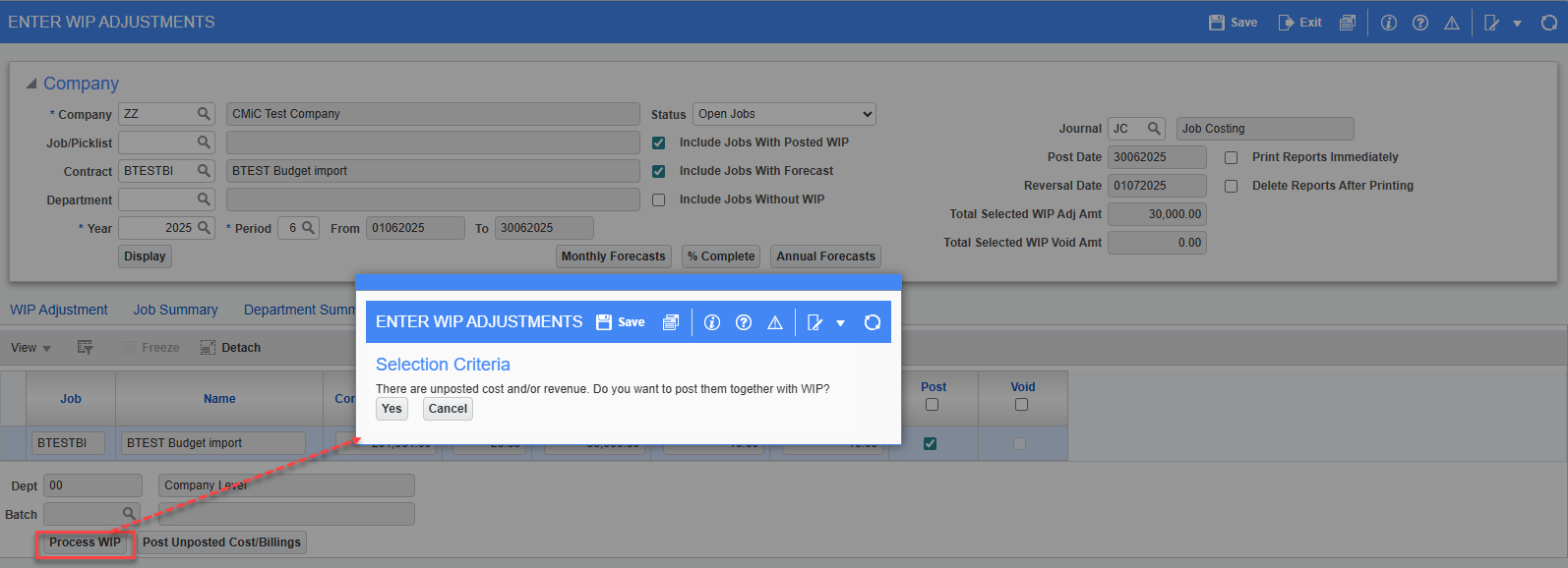 Screenshot of Enter Wip Adjustments with field highlighted.