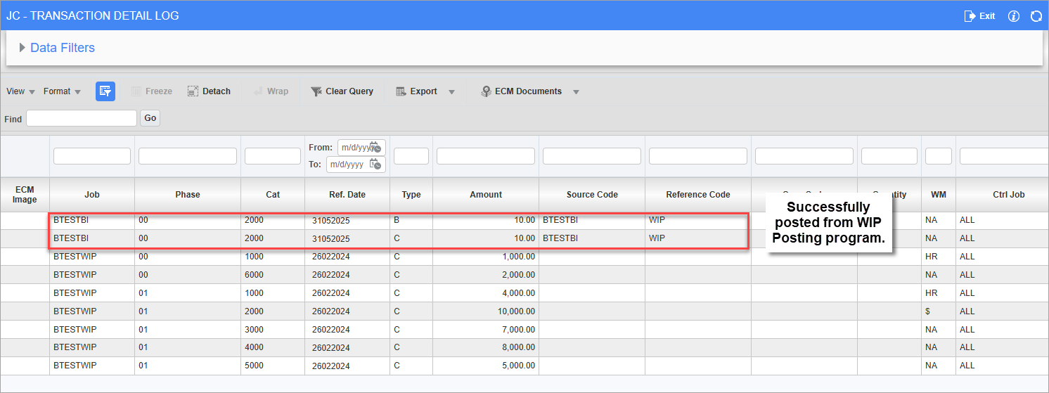 Screenshot of JC Transaction Detail log.
