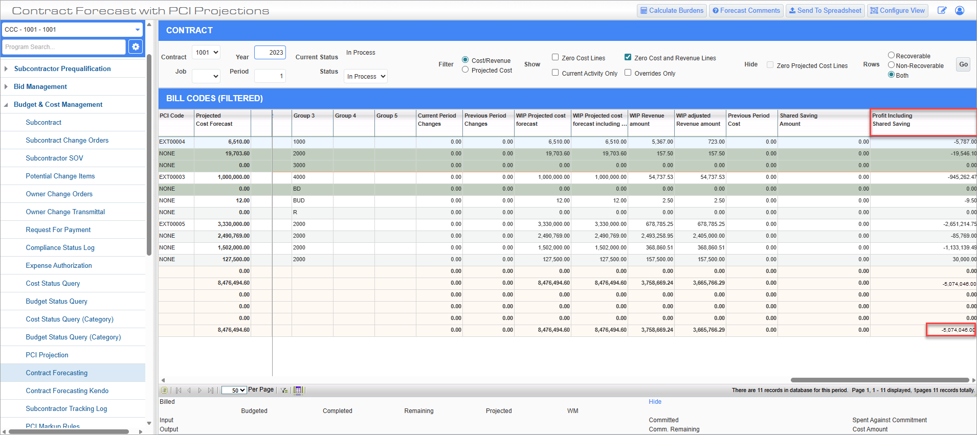 Screenshot of Contract Forecasting.