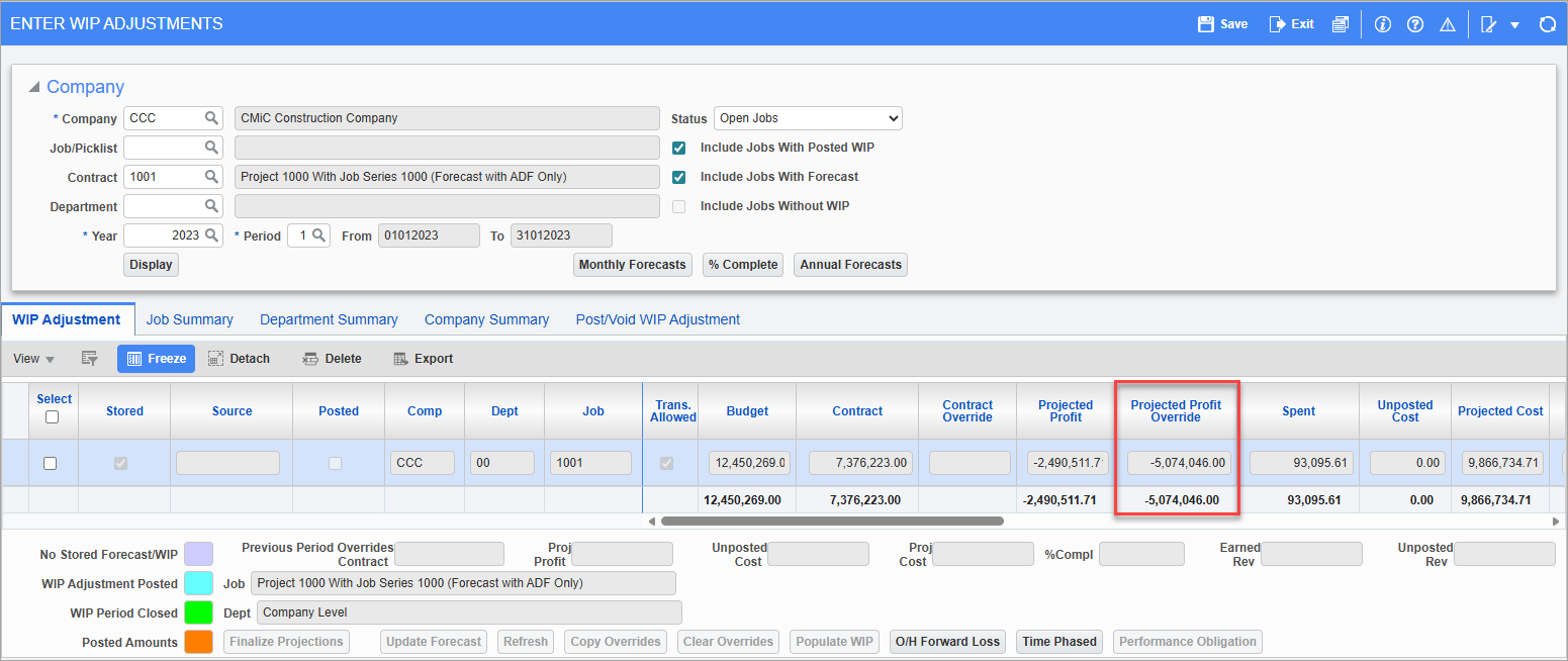 Screenshot of Enter WIP Adjustments.