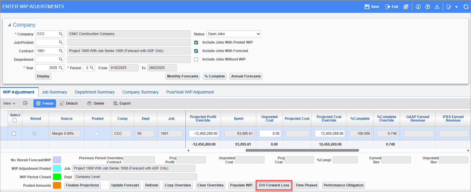 Screenshot of Enter Wip Adjustments with button highlighted.