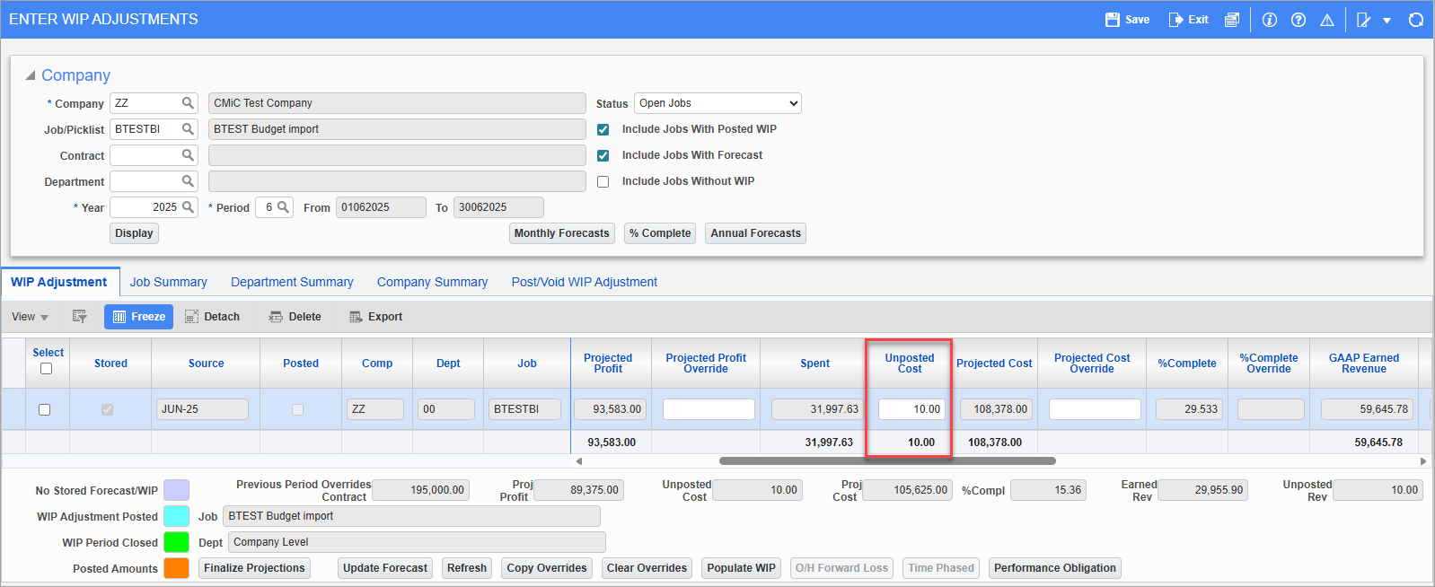 Screenshot of Enter Wip Adjustments with field highlighted.