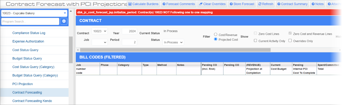 Screenshot of error message on Contract Forecasting with PCI Projections.