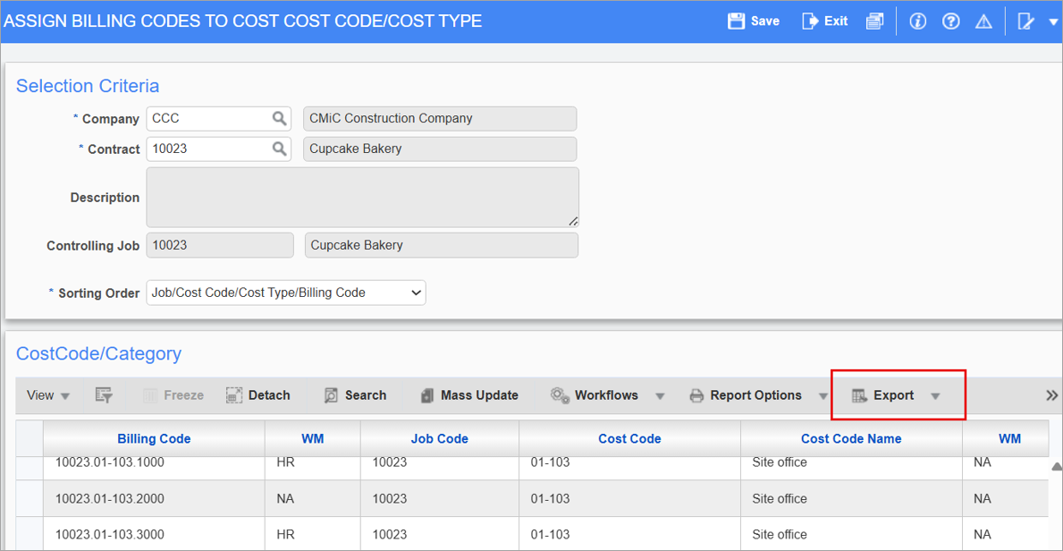 Screenshot of Assign Billing Codes to Cost Code/Categories with [Export] button highlighted.
