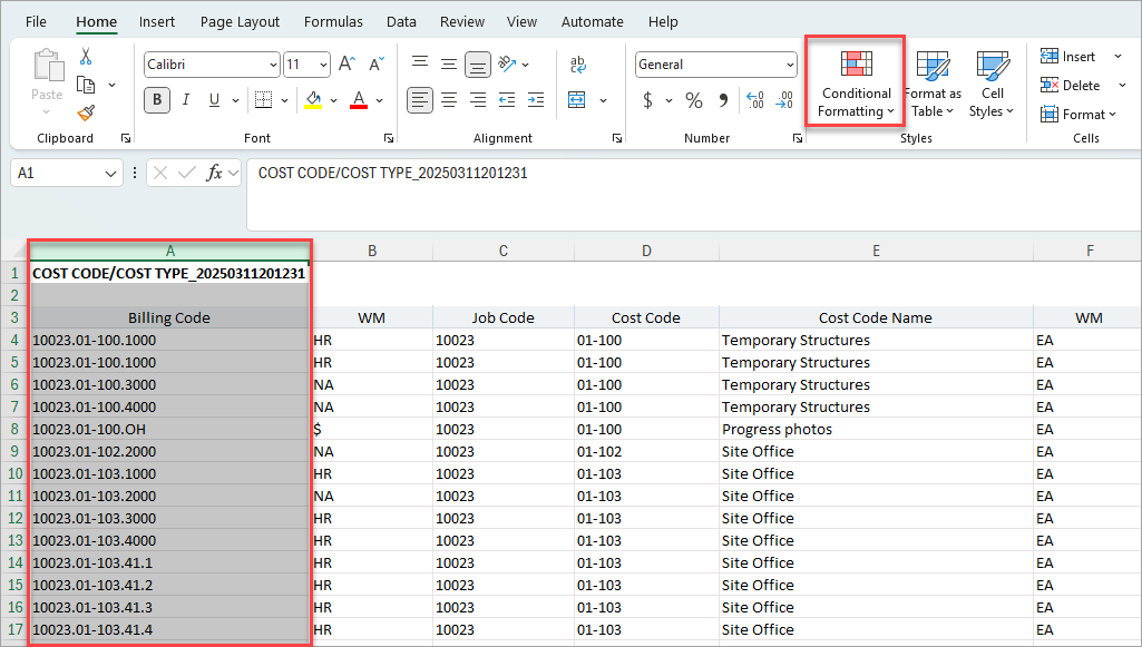 Screenshot of Excel file with column and Conditional Formatting feature highlighted.