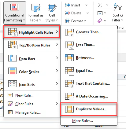 Screenshot of Conditional Formatting drop-down.