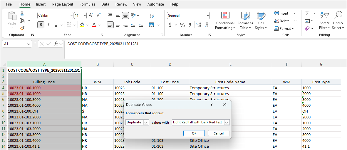 Screenshot of Duplicate Values pop-up in Excel.