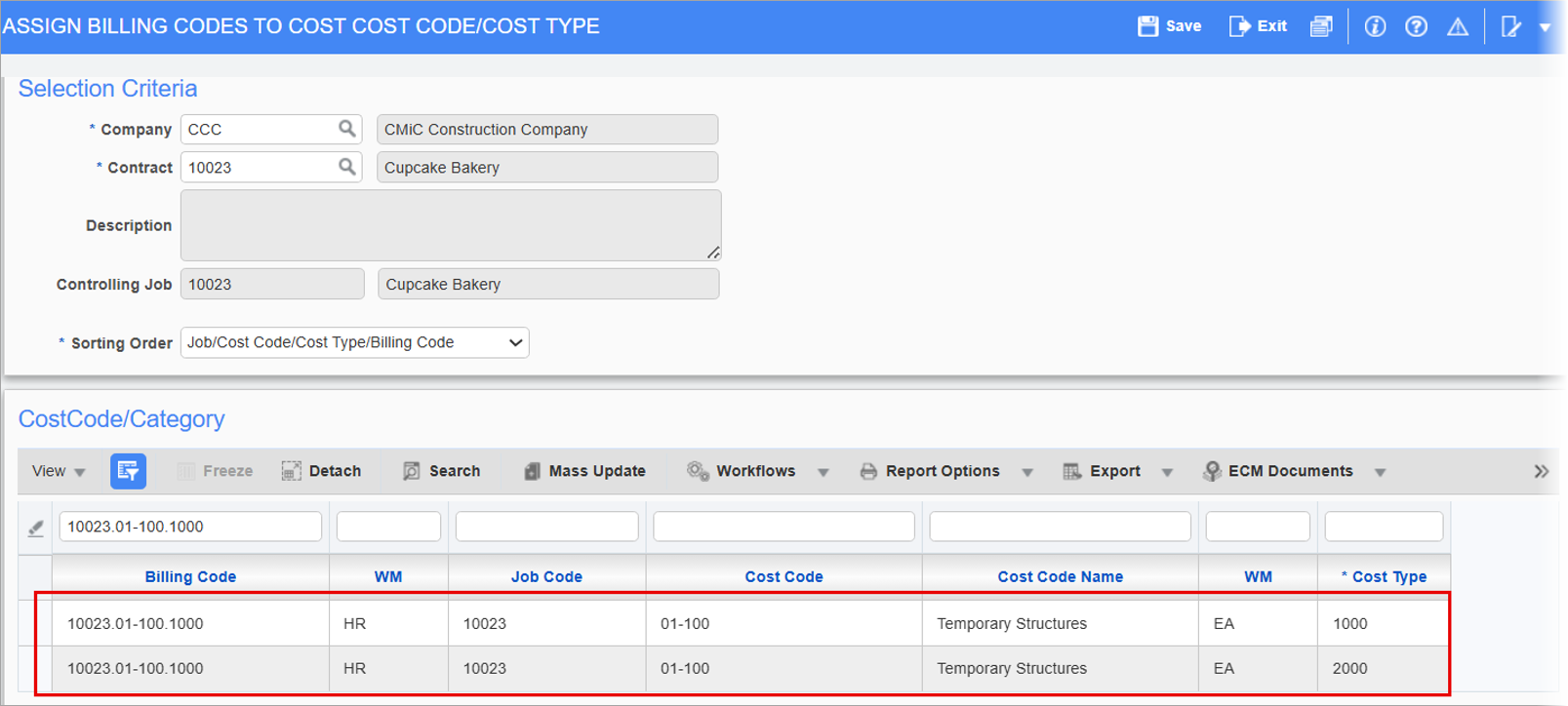 Screenshot of Assign Billing Codes to Cost Code/Cost Type with filter applied.