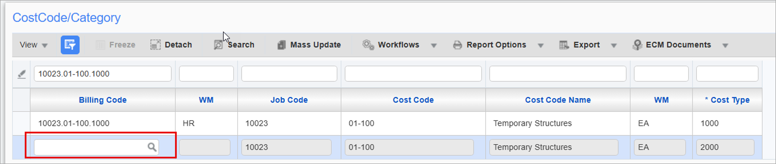 Screenshot of Assign Billing Codes to Cost Code/Cost Type with filter applied.