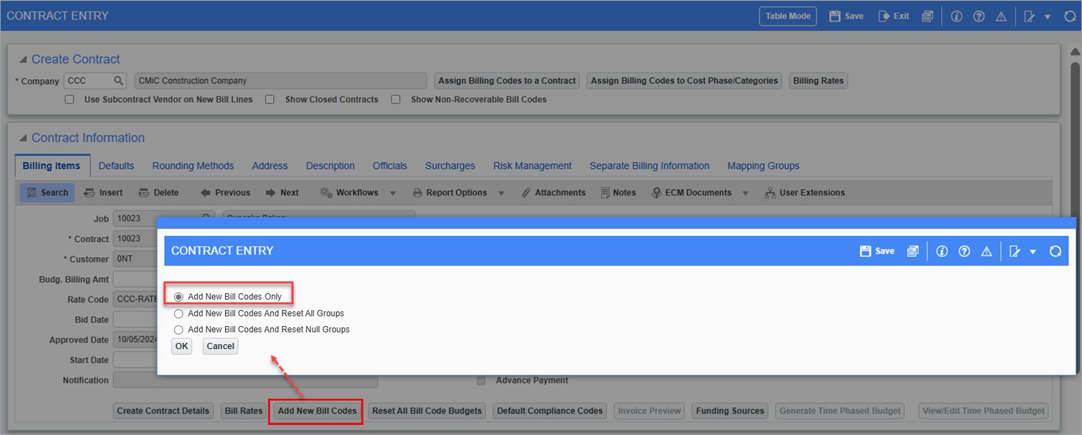 Screenshot of Add New Bill Codes pop-up on Contract Entry.