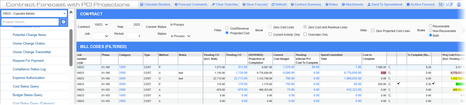 Screenshot of Contract Forecasting with PCI Projections with no error.