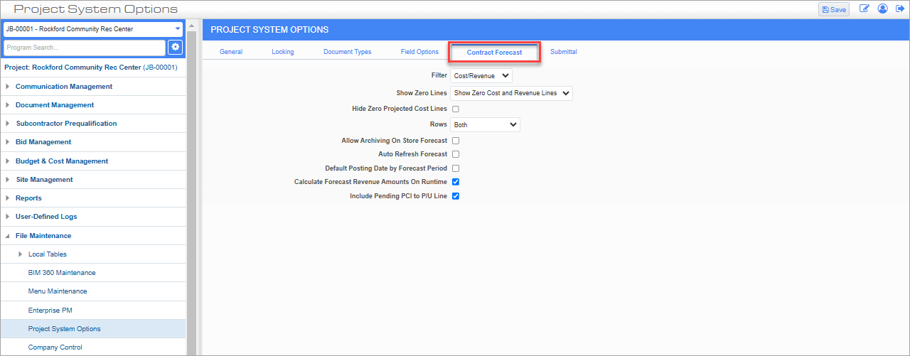 Contract Forecasting Setup - CMiC Field