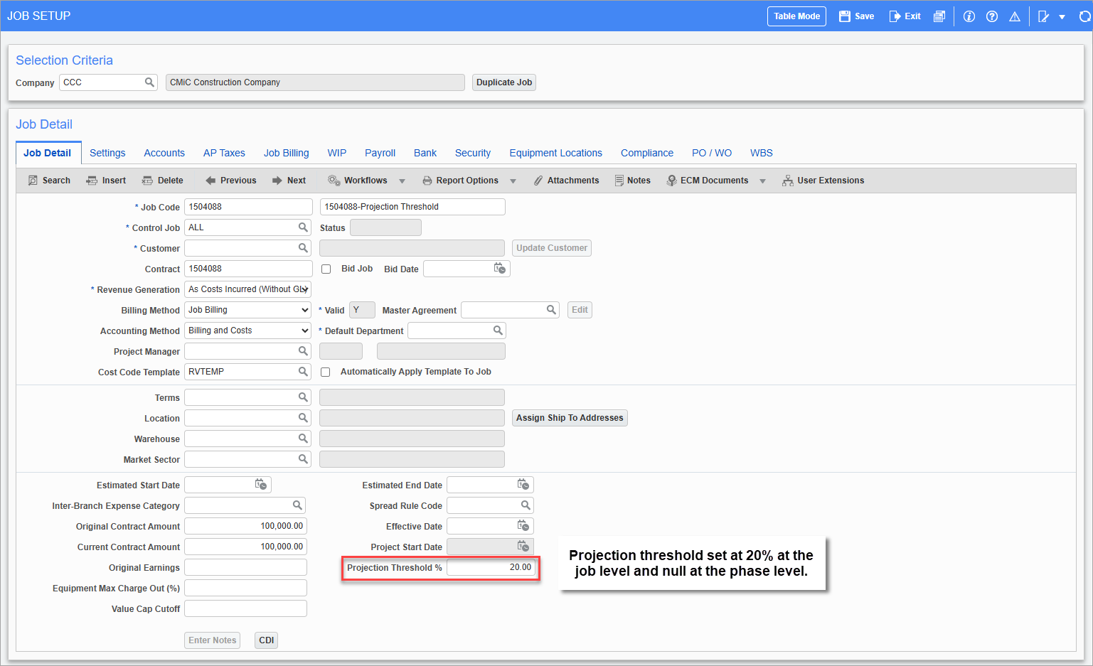 Screenshot of Job Setup.