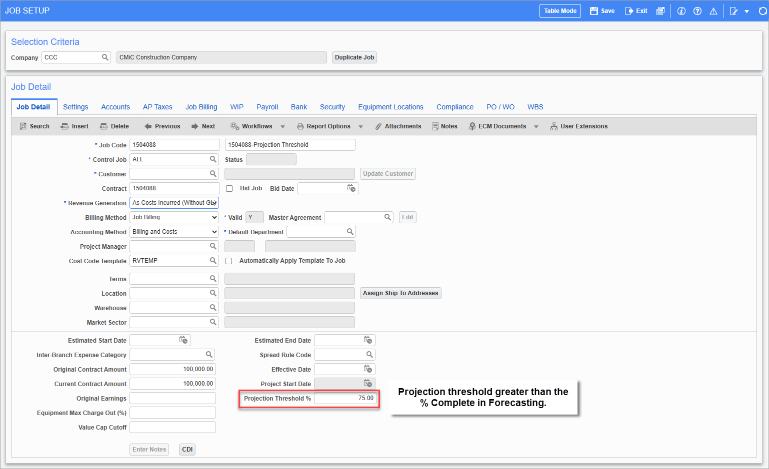 Screenshot of Job Setup.