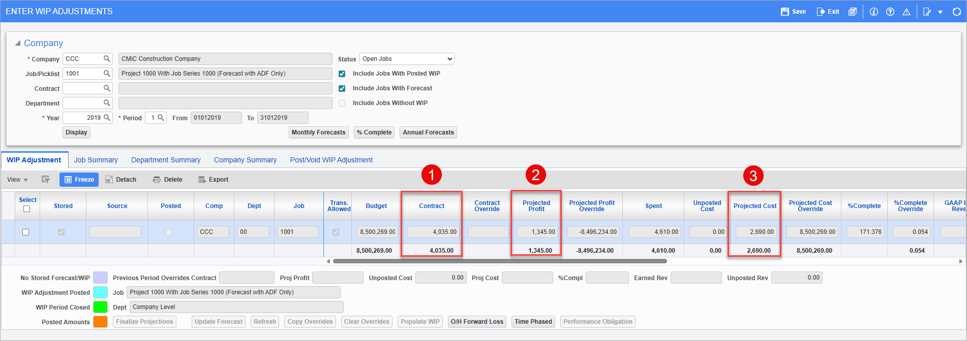 Screenshot of Enter WIP Adjustments.