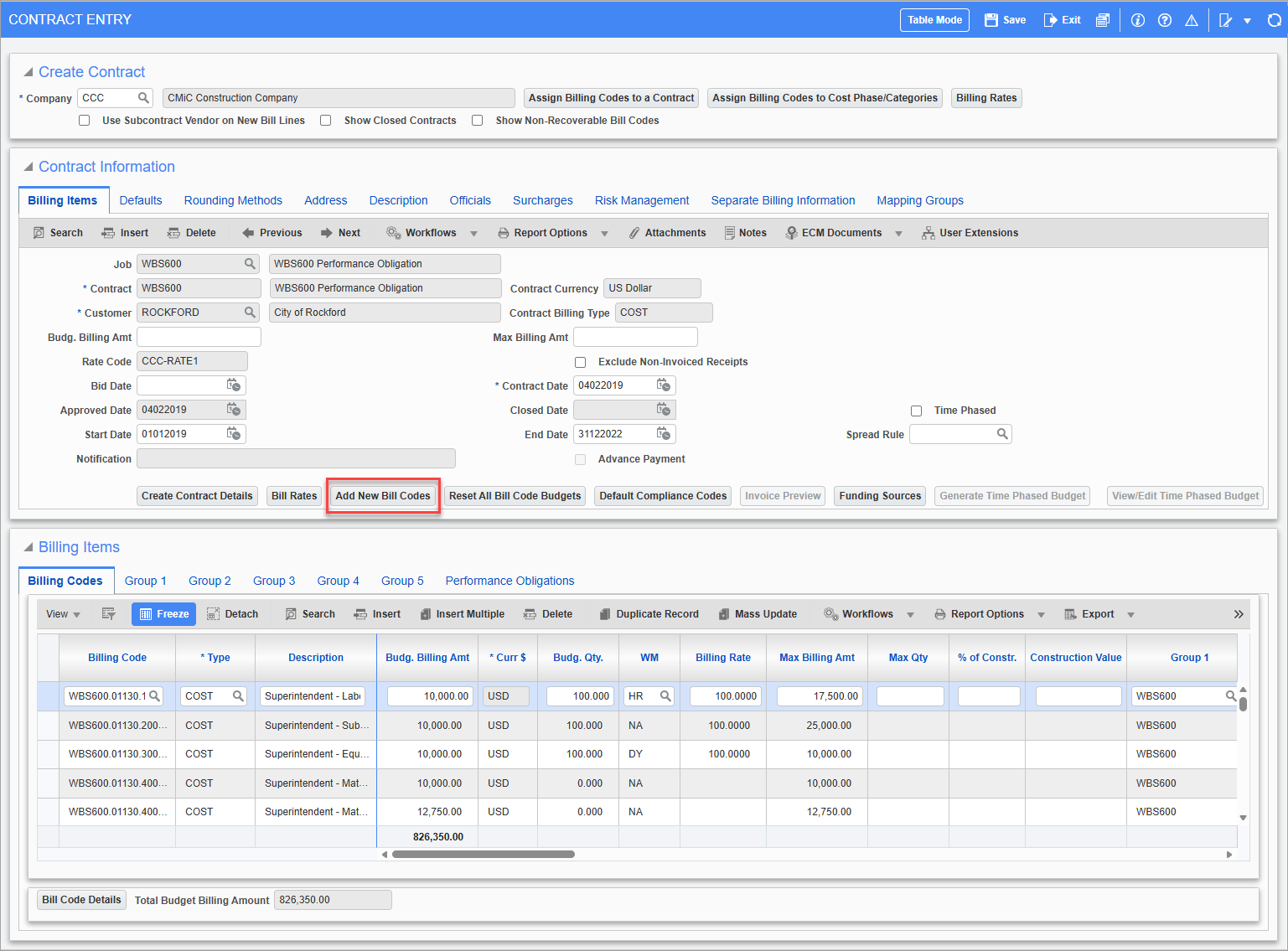 Screenshot of Contract Entry.