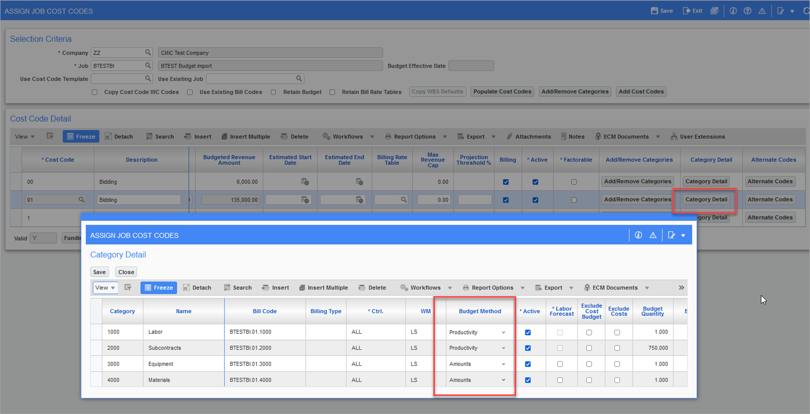 Screenshot of the Category Detail pop-up on the Assign Job Cost Codes screen