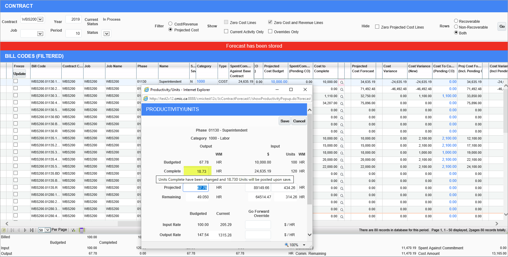 Screenshot of Productivity Units pop-up window.