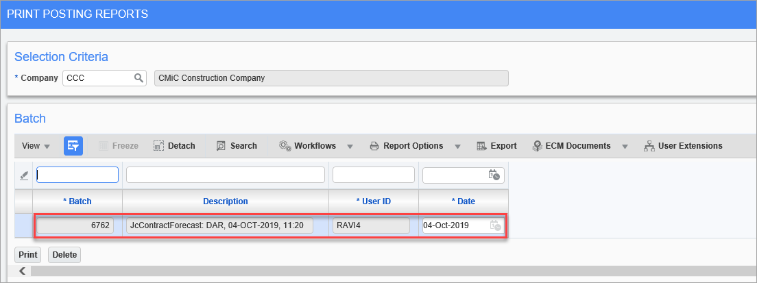 Screenshot of Print Posting Reports.