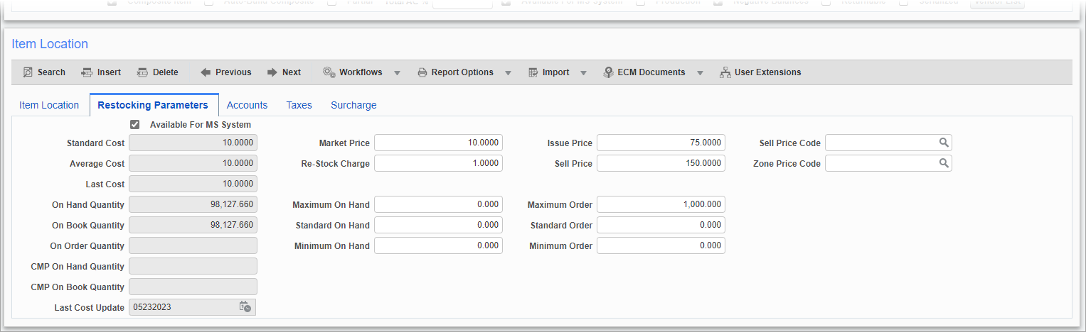 Screenshot of Restrocking Paramters tab.