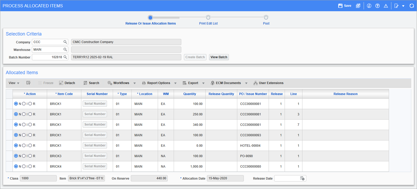 Sample of the Process Allocated Items screen