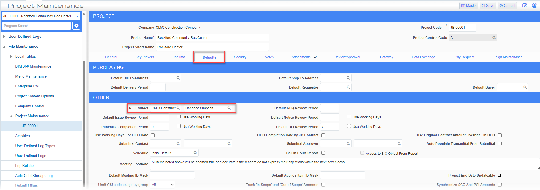 Screenshot of Project Maintenance Defaults tab