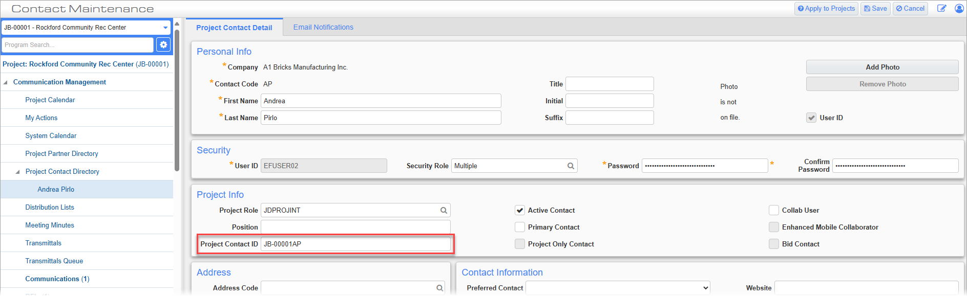 Screenshot of Contact Maintenance with Project Contact ID field highlighted.
