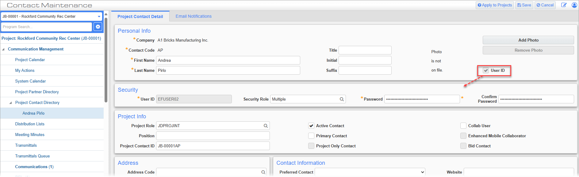 Screenshot of Contact Maintenance with User ID field highlighted.